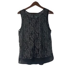 Forever 21 Woman's 1x black metallic sheer lace mesh tank top tee sparkle fun